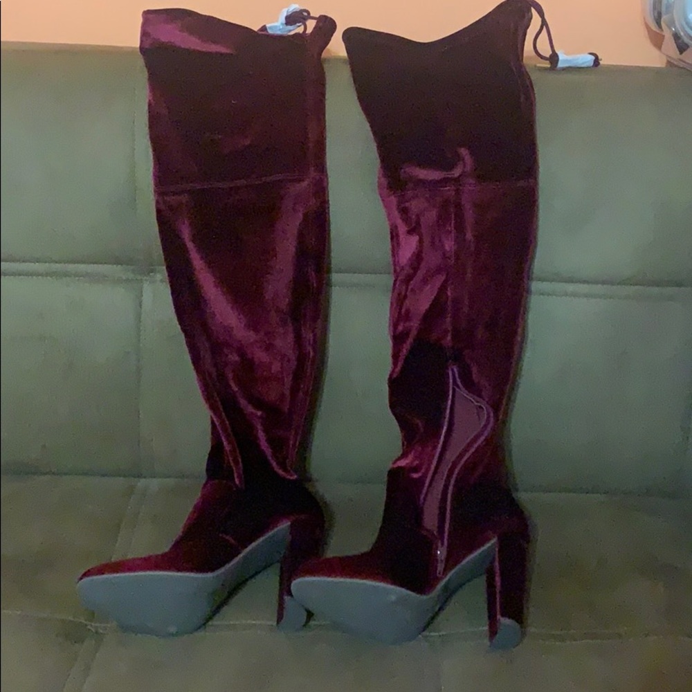 Burgundy suede over the knee boots